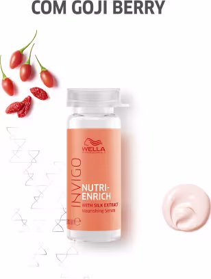 Ampola de tratamento capilar com extrato de seda. Imagem mostra também gojiberry vermelhas frescas com folhas verdes. Texto "Com Goji Berry" destaca o ingrediente natural utilizado.