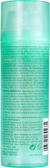 A imagem mostra o verso do frasco da máscara com informações sobre produto, como modo de uso, ingredientes, etc.