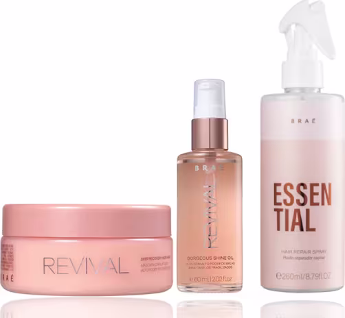 Kit BRAÉ com Revival  Máscara de Reconstrução 200g+ óleo Gorgeous Shine Oil 60ml+ Leave-in Essential 260ml