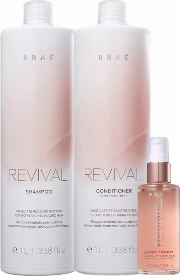 Shampoo e condicionador da linha Revival da marca Braé, com embalagens brancas e rosadas, e um frasco de óleo  Gorgeous Shine Oil da mesma marca.