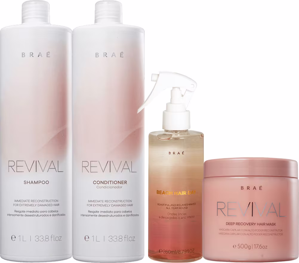 Conjunto de produtos Braé Revival, incluindo shampoo, condicionador e máscara de reconstrução capilar, em embalagens brancas e rosadas com detalhes dourados; e finalizador Beach Hair Day