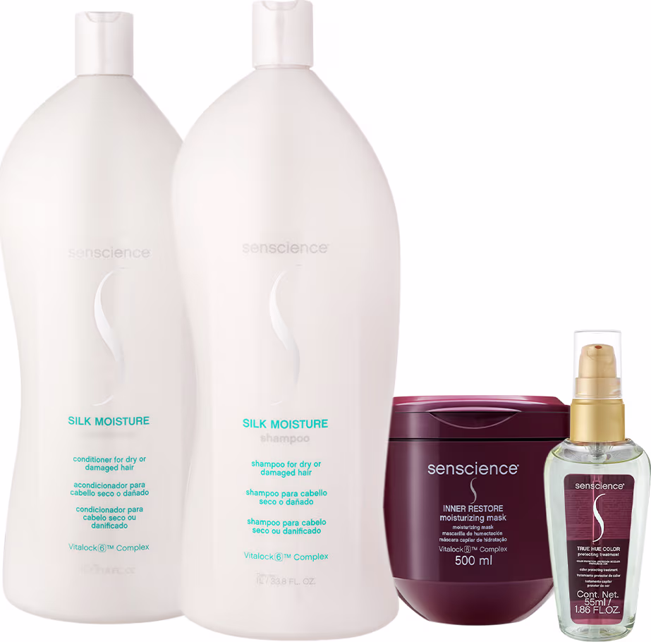 Shampoo e condicionador Silk Moisture da Senscience, uma máscara hidratante Inner Restore e um sérum True Hue Color.