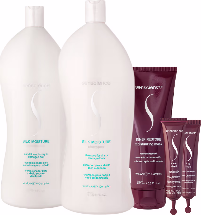 Shampoo e condicionador Silk Moisture da Senscience. Também há um tubo de máscara hidratante Inner Restore e dois tubos de tratamento CPR