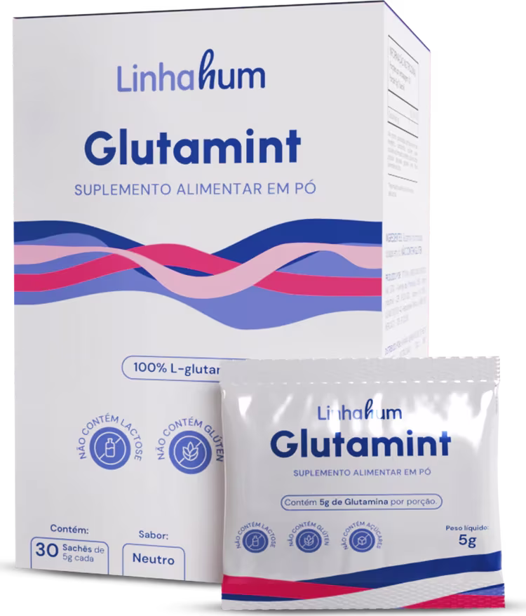 Suplemento alimentar em pó chamado Glutamint, da marca Linhahum. A embalagem consiste em uma caixa contendo 30 sachês de 5g cada. O rótulo destaca que o produto é 100% L-glutar. Também há um pacote individual de 5g do mesmo suplemento alimentar.
