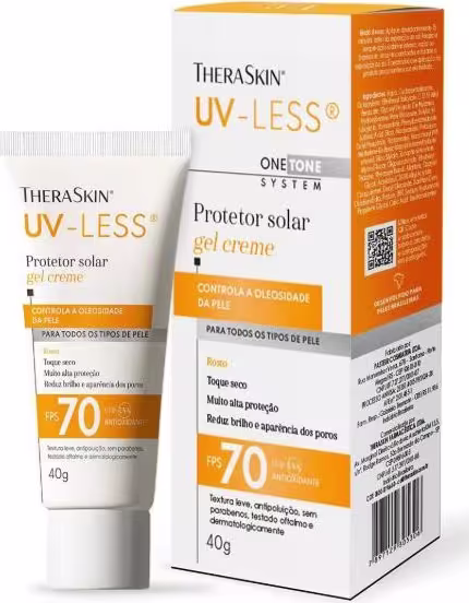 Protetor Solar TheraSkin UV-Less FPS 70, apresentado em uma embalagem de tubo branco e laranja.