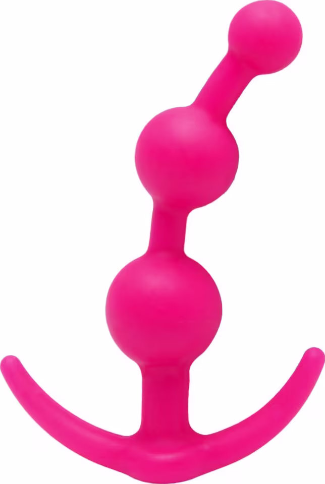 Sex toy. Plug anal com três esferas de diferentes tamanhos no seu comprimento e base em formato de âncora. Suas medidas são 13cm x 3cm.