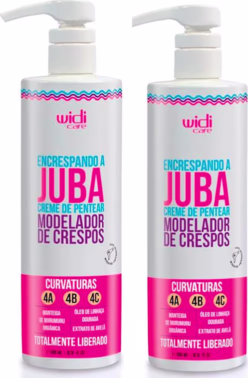 Dois frascos brancos com bombas doseadoras da marca Widi Care, contendo creme modelador de cachos. Os rótulos apresentam o nome "Encrespando a Juba" em letras grandes e informações sobre o produto.