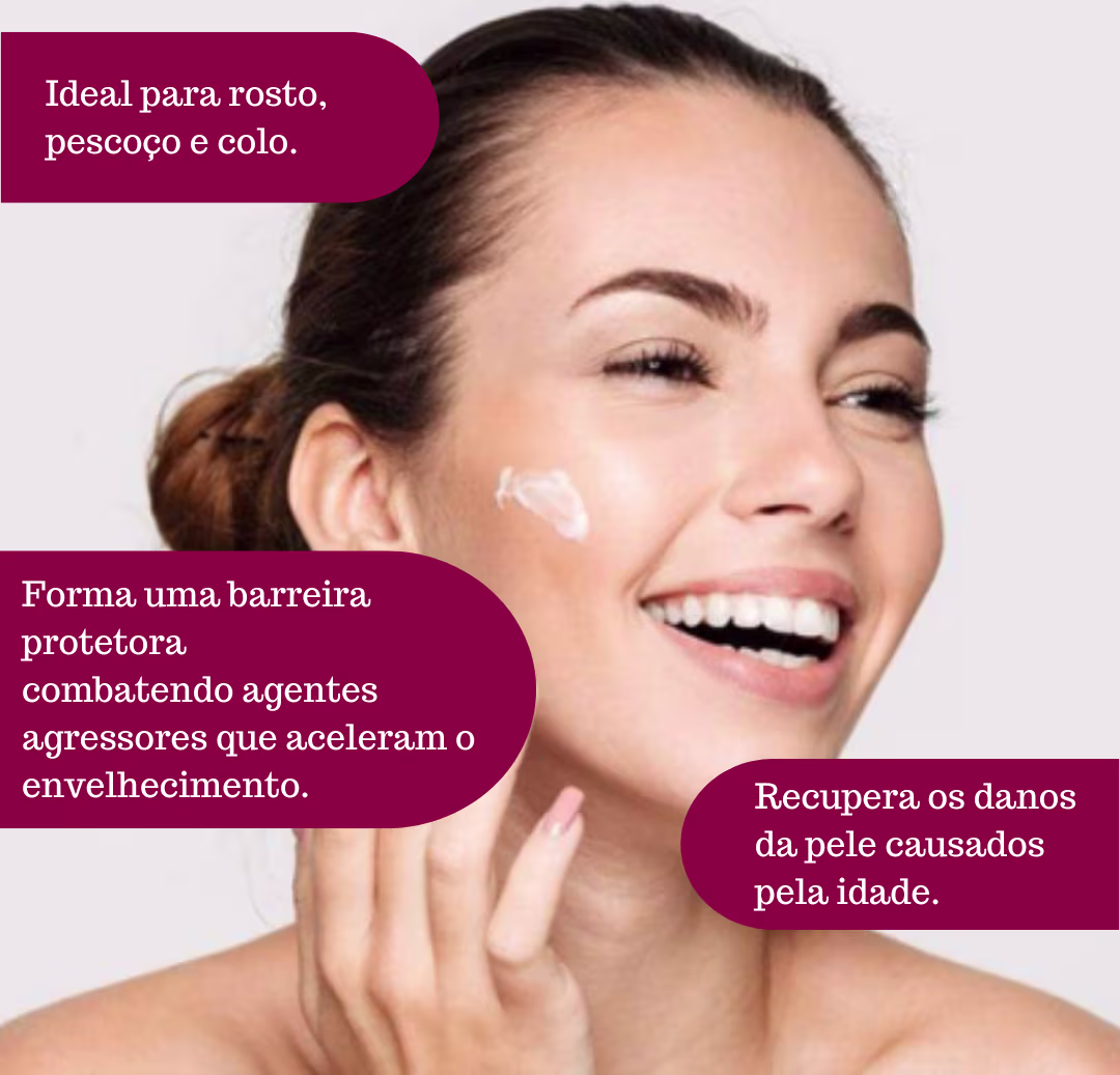 Ideal para rosto, pescoço e colo. Forma uma barreira protetora combatendo agentes agressores que aceleram o envelhecimento. Recupera os danos da pele causados pela idade.