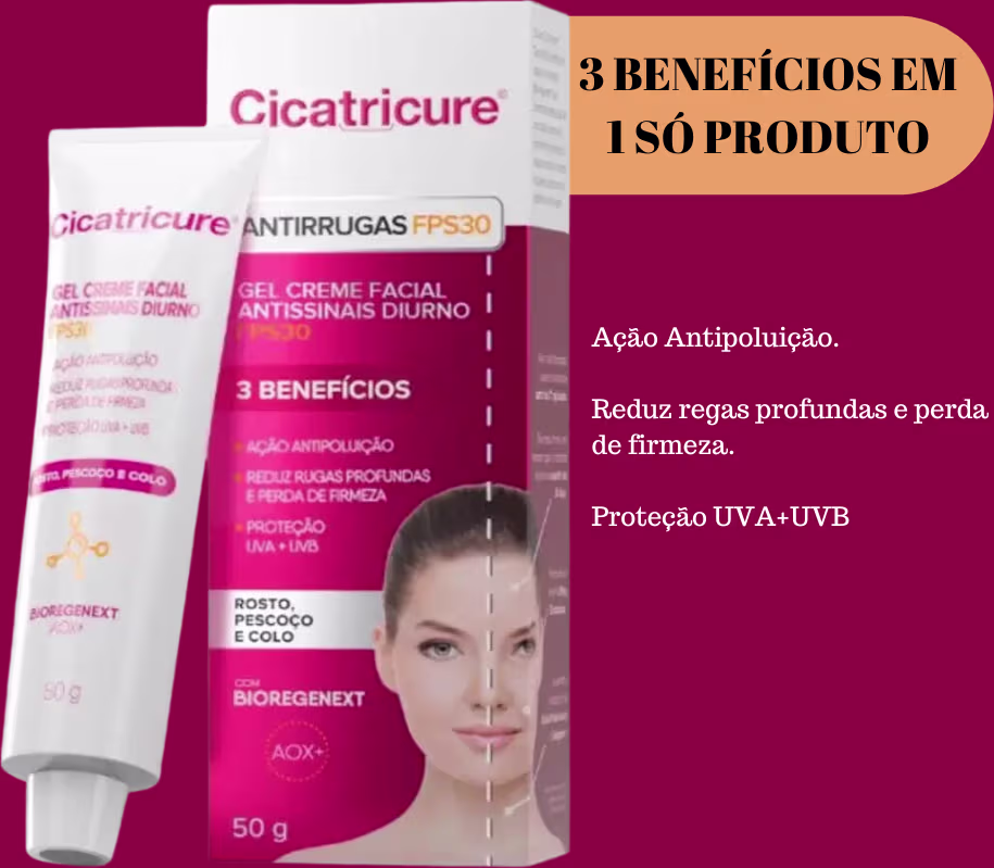 3 benefícios em 1 só produto: ação antipoluição, reduz rugas profundas e perda de firmeza, proteção UVA+UVB.