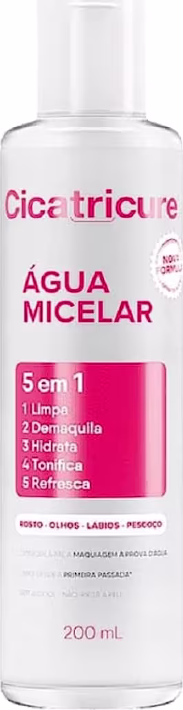 Frasco de água micelar Cicatricure de 200 ml, com rótulo rosa e branco destacando os 5 benefícios do produto: limpa, desmaquila, hidrata, tonifica e refresca.