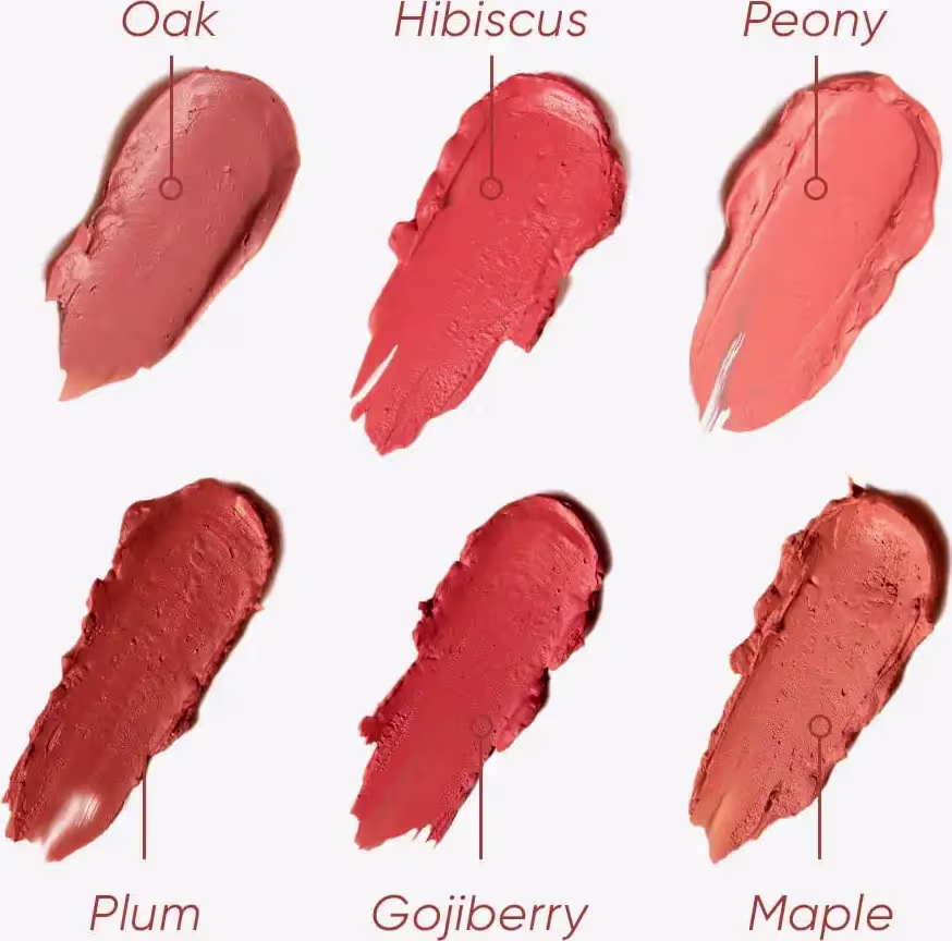A imagem mostra seis diferentes amostras de tons de vermelho, laranja e rosa. Cada amostra está identificada com um nome, como Oak, Hibiscus, Peony, Plum, Gojiberry e Maple.