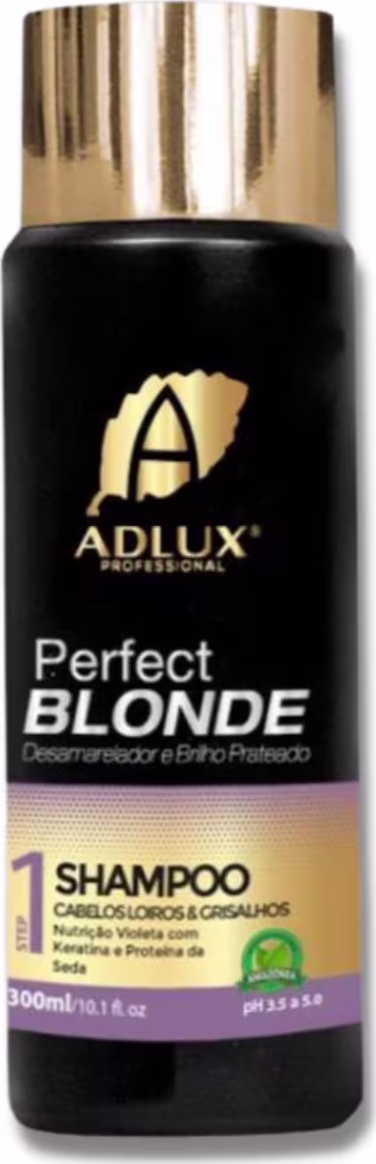 Shampoo da linha "Perfect Blonde" da marca Adlux Professional. A embalagem é um frasco preto com um rótulo dourado, contendo 300ml do produto. O rótulo exibe o nome da linha "Perfect Blonde" e indica que o shampoo é destinado a cabelos loiros e grisalhos.