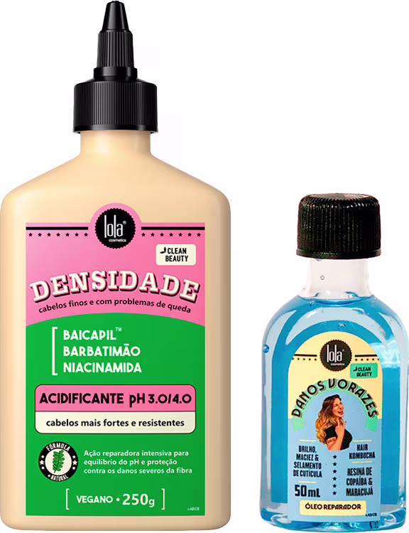 A imagem mostra 2 produtos de Lola From Rio, um acidificante de frasco retangular com tampa em formato de bico dosador e um frasco menor azul do óleo danos vorazes.