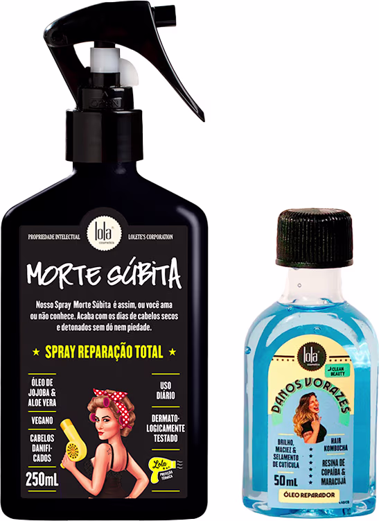 A imagem mostra o spray de tratamento da linha capilar mote súbita de Lola From Rio e ao lado o frasco do óleo de danos vorazes.