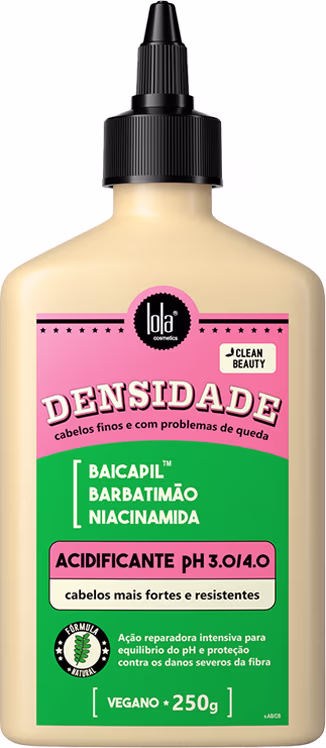 A imagem mostra o acidificante densidade. Seu frasco é amarelo retangular com tampa em bico dosador, seu rótulo é verde com detalhes em rosa, branco e preto.