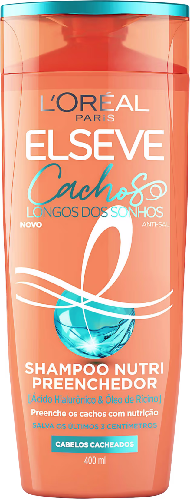 Frasco de shampoo Elseve Cachos Longos dos Sonhos, com embalagem laranja e azul, contendo 400 ml do produto. Rótulo com informações sobre os benefícios do shampoo para cabelos cacheados.