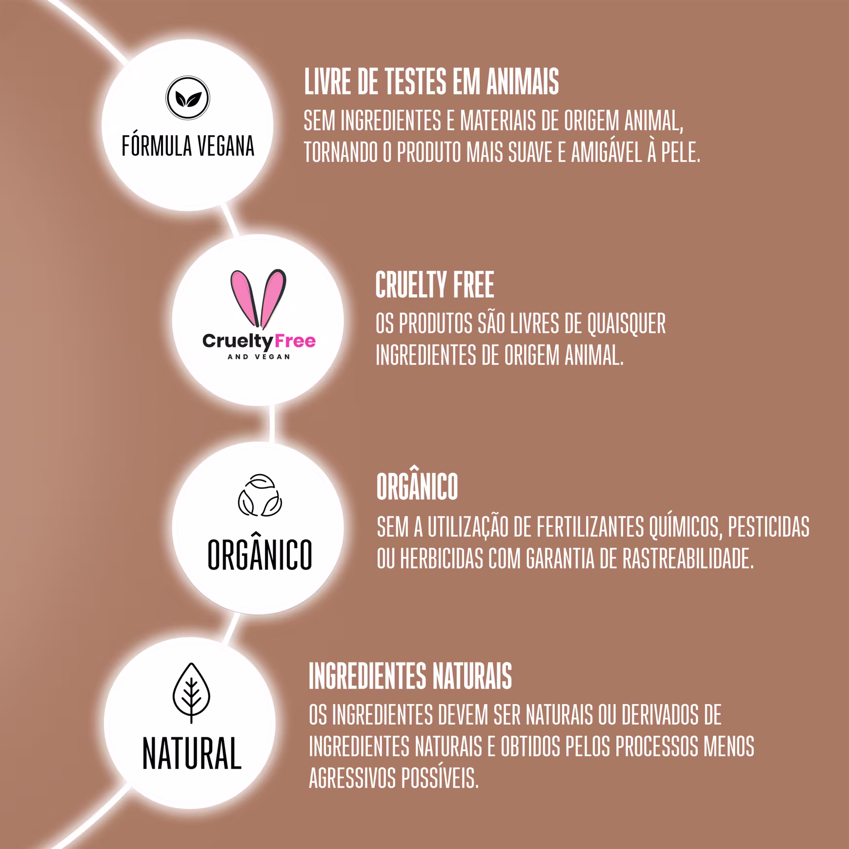 Traz um fundo marrom com descrições em branco sobre os benefícios do shampoo.
