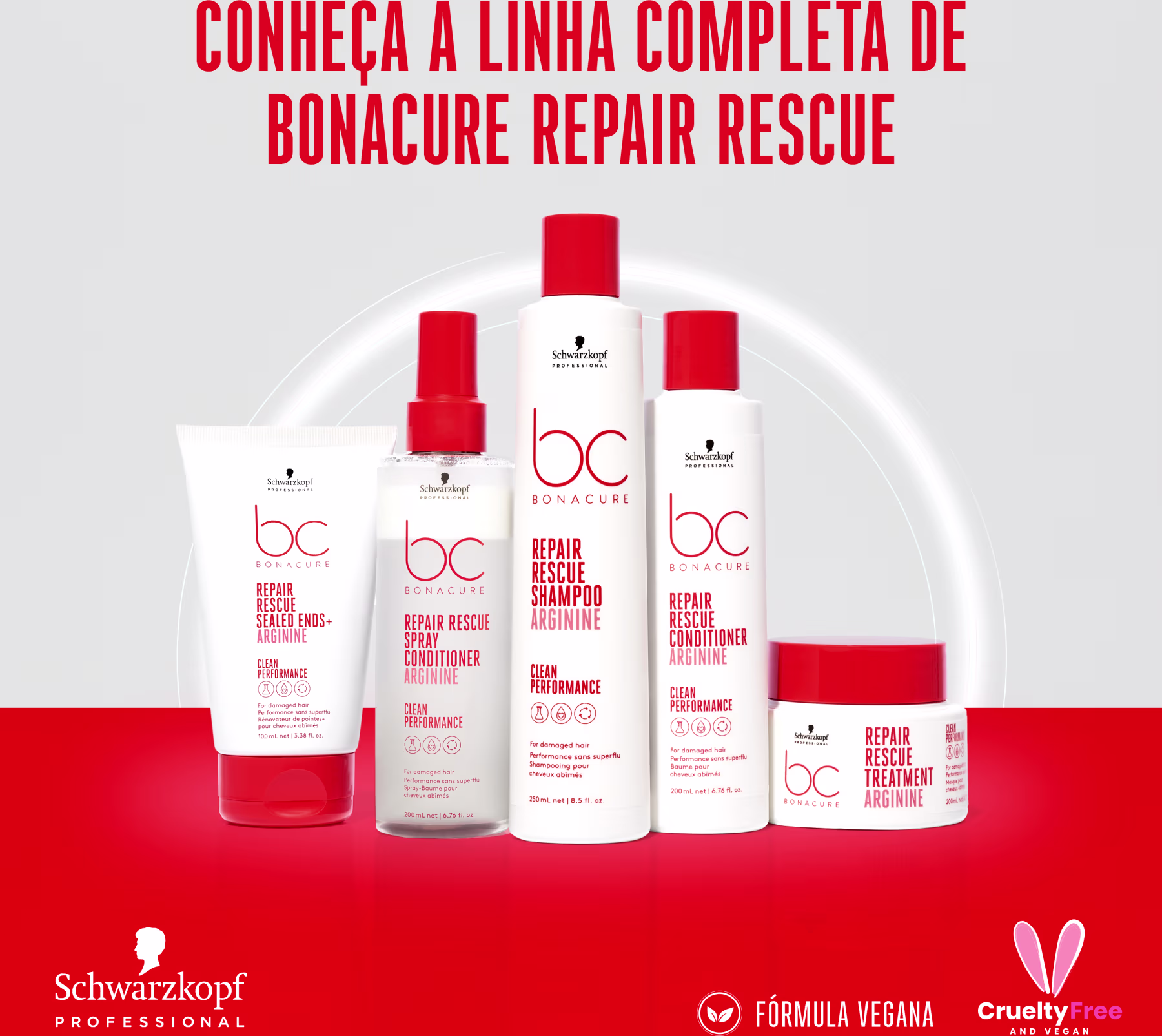 A imagem mostra a linha completa de produtos Bonacure Repair Rescue da marca Schwarzkopf Professional. São apresentados cinco frascos plásticos brancos com detalhes em vermelho, contendo diferentes produtos para tratamento capilar.