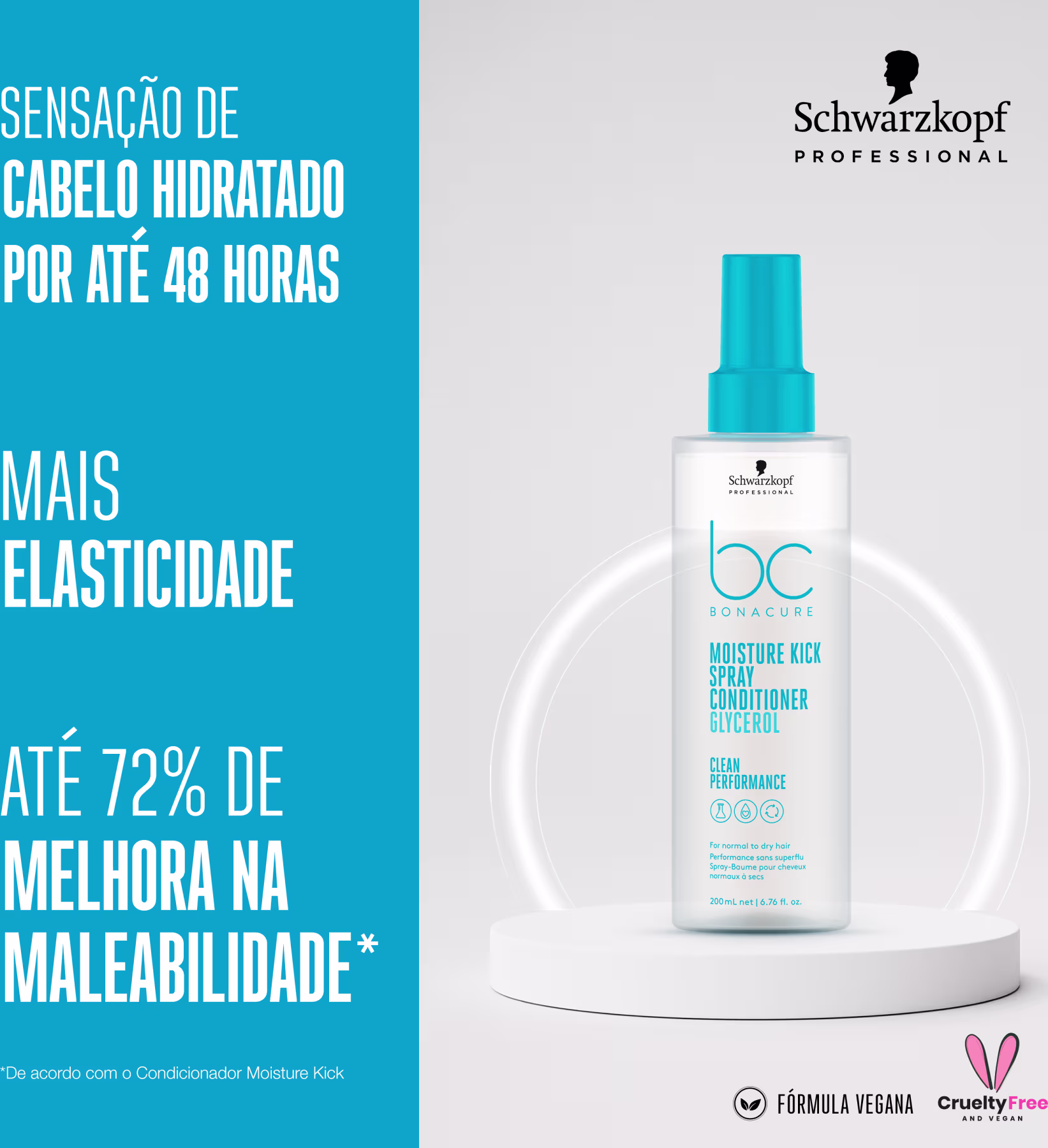 Sensação de cabelo hidratado por até 48h, mais elasticidade, 72% de melhora na maleabilidade.