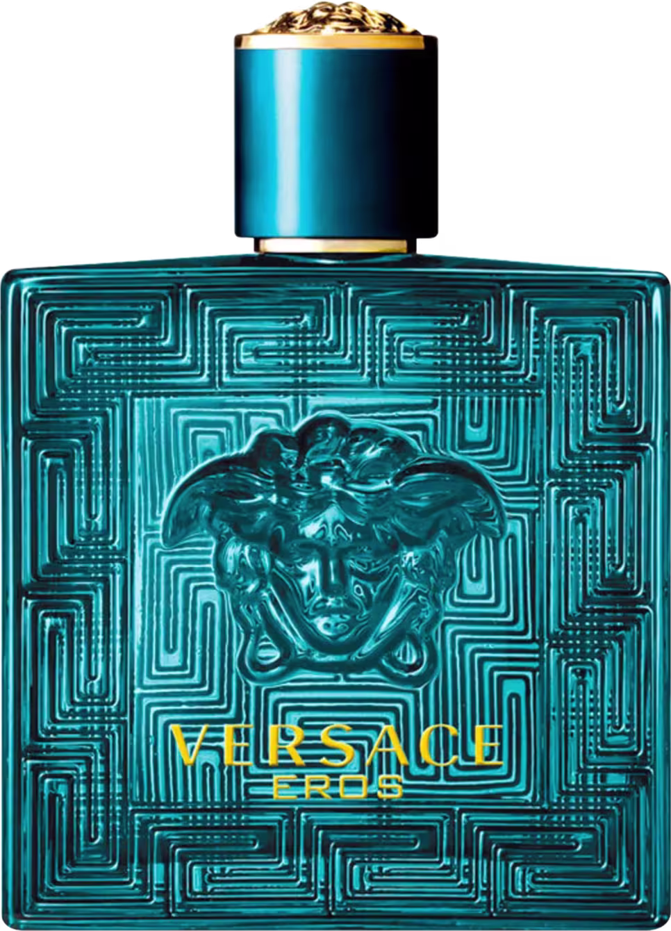 A imagem mostra o frasco de perfume da Versace, com cor azul brilhante. O topo do frasco apresenta o icônico emblema da Medusa, e tampa dourada com detalhes texturizados. Na frente, a marca escrito em amarelo e o nome do perfume abaixo.