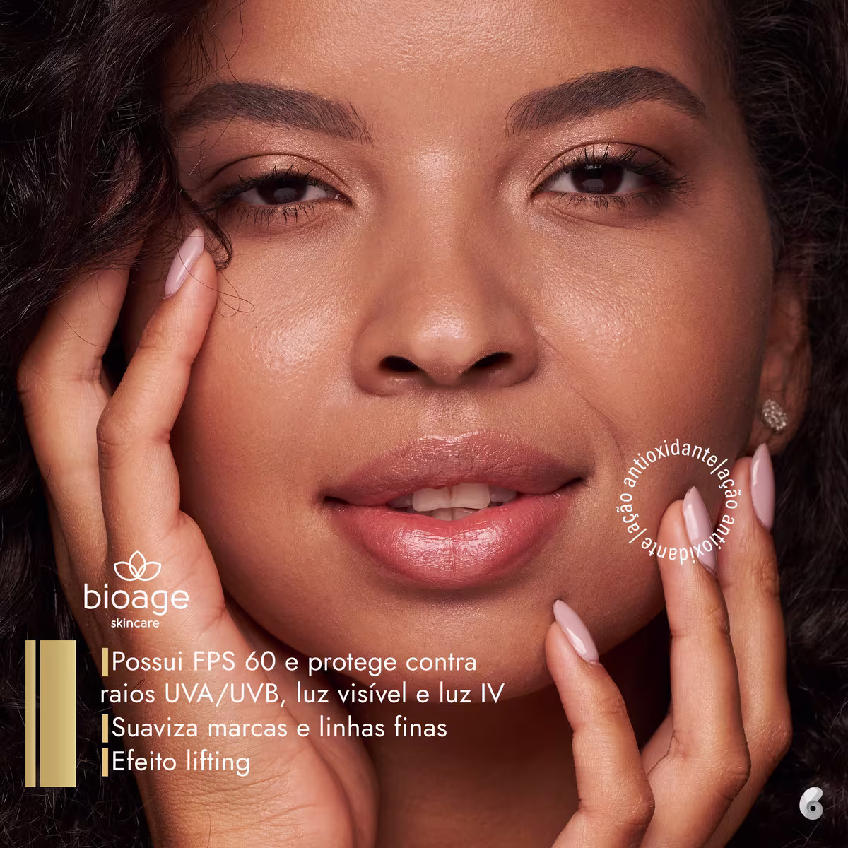 O produto possui FPS 60 e protege contra raios UVA/UVB, luz visível e luz IV. Ele também suaviza marcas e linhas finas, e possui efeito lifting.