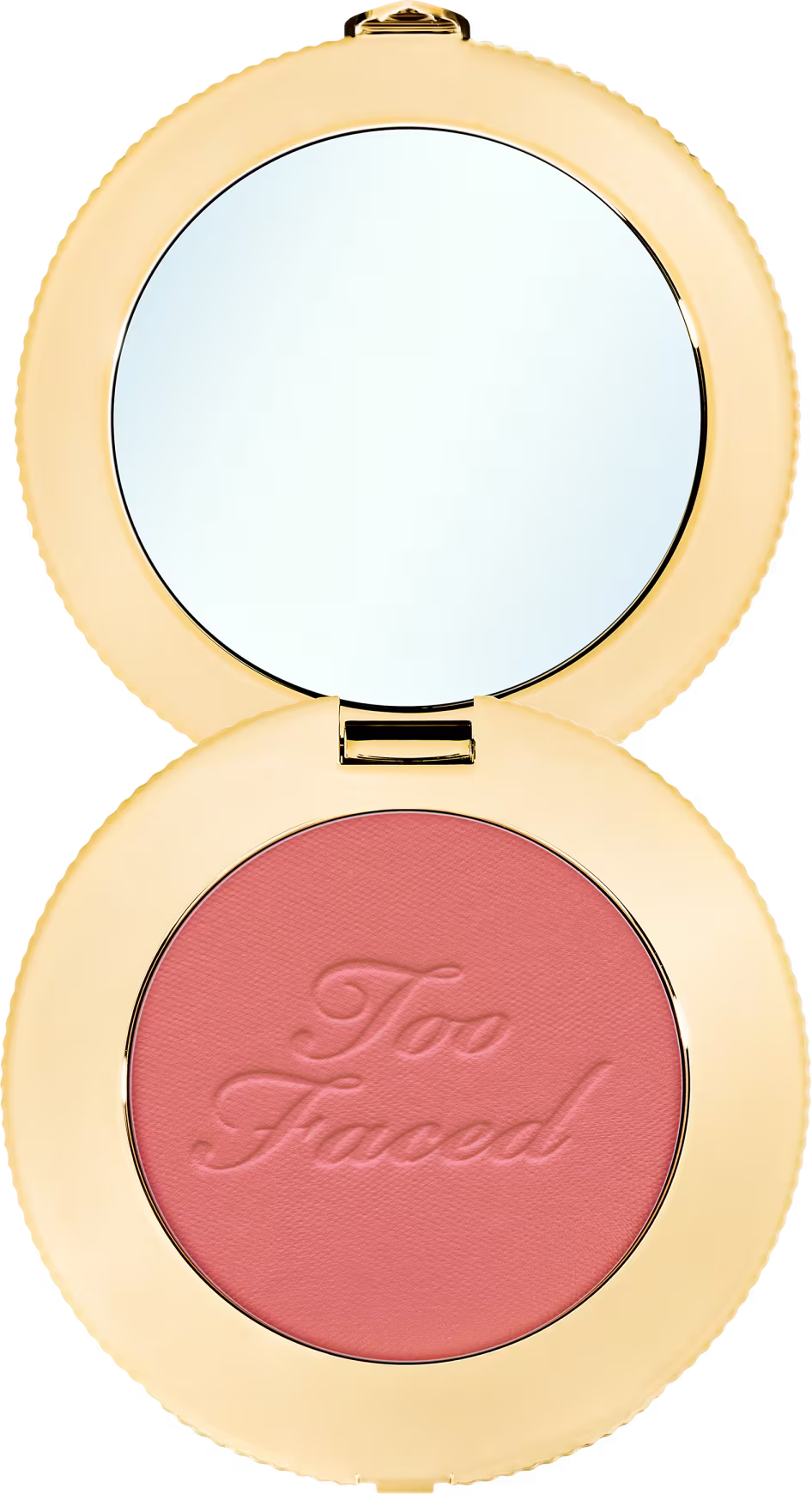 Blush aberto visto de cima, onde é possível identificar que acompanha um espelho.