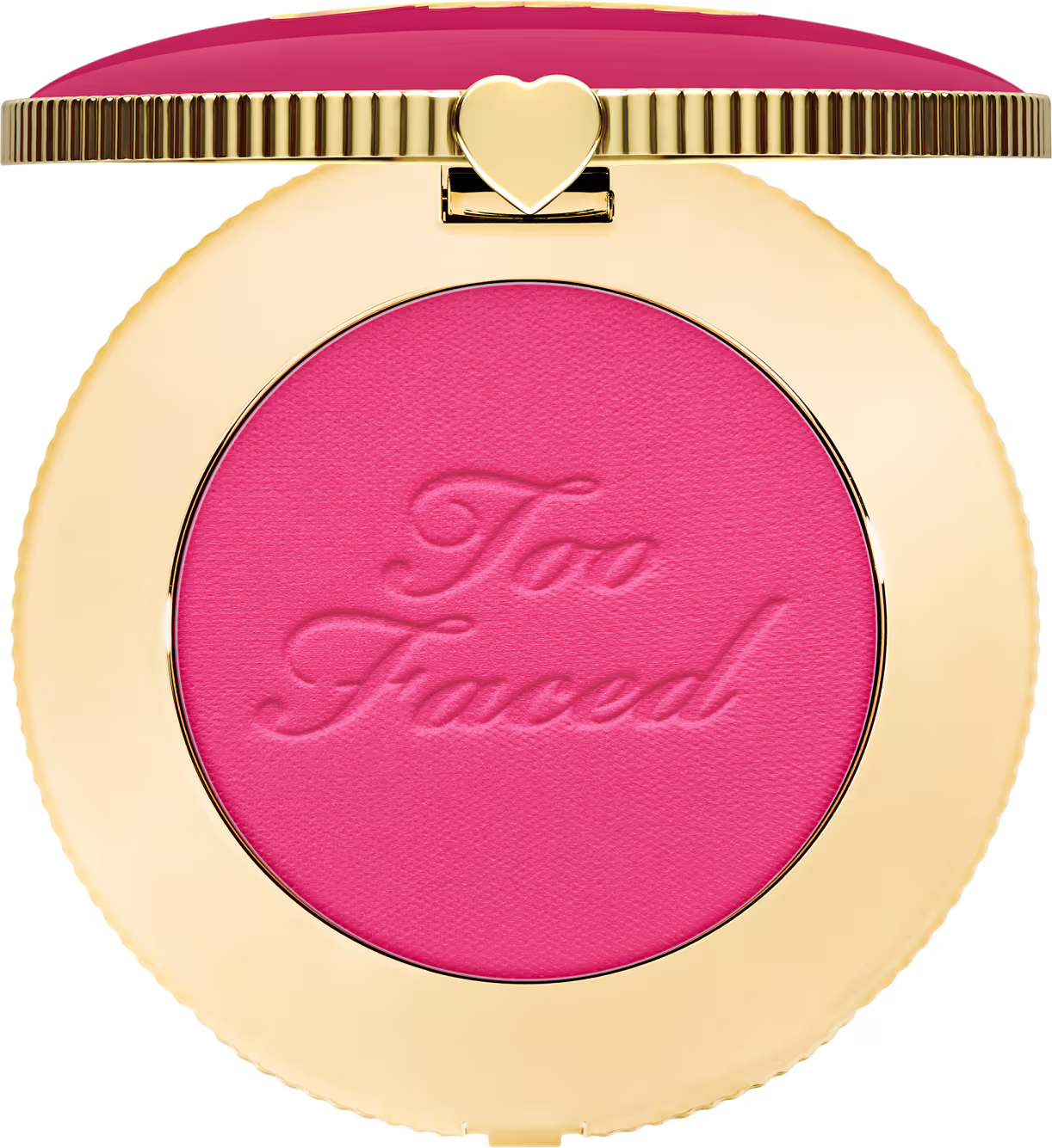 Blush compacto de maquiagem com embalagem redonda dourada. A tampa superior é rosa com a inscrição "Too Faced" em letras cursivas. Um pequeno coração dourado adorna o centro da tampa.