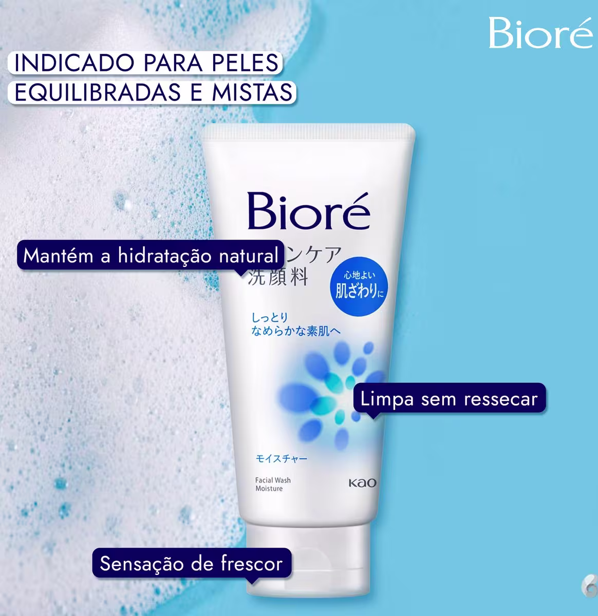 O texto indica que o produto é indicado para peles equilibradas e mistas, mantendo a hidratação natural da pele e limpando sem ressecá-la. Também menciona que o produto proporciona uma sensação de frescor.
