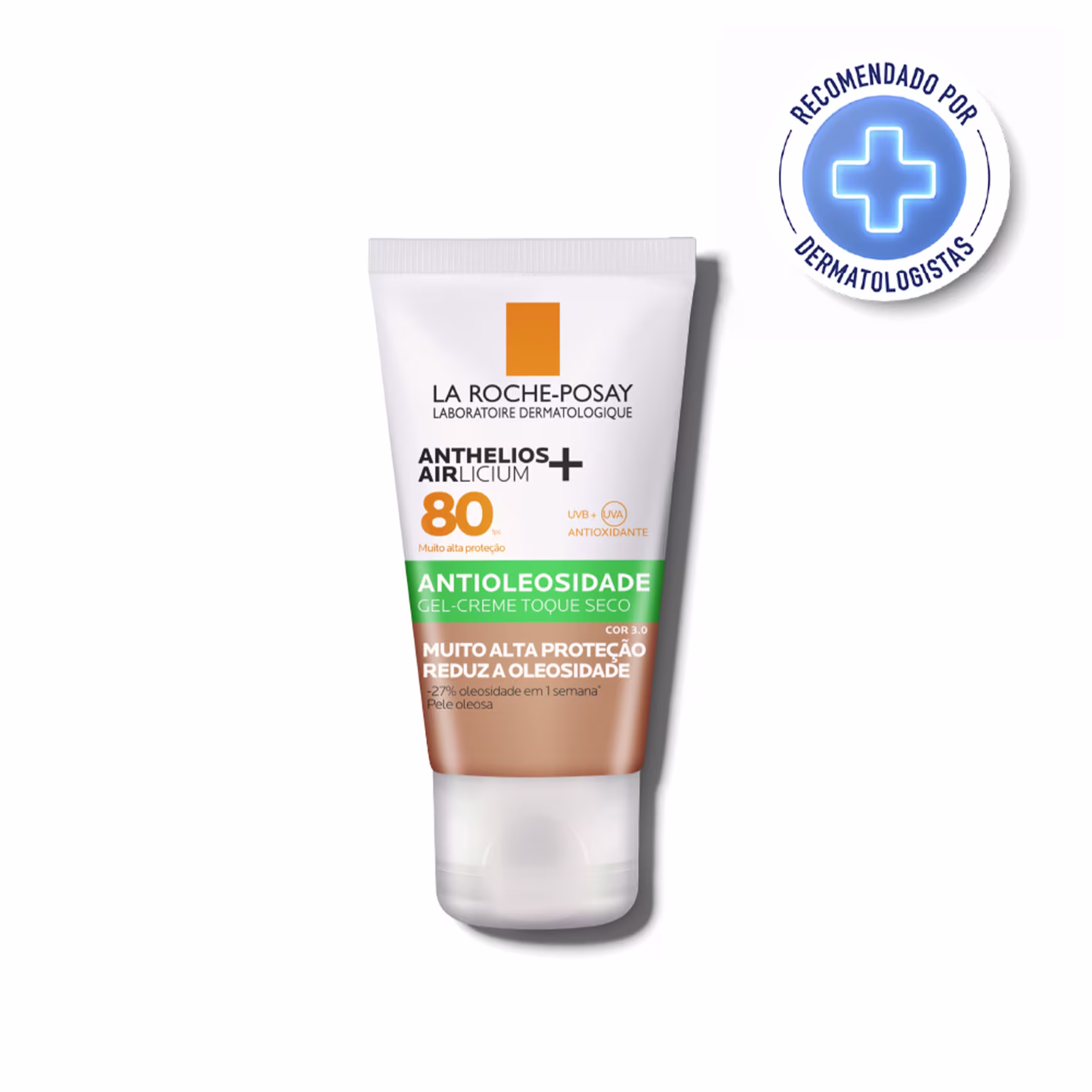 A imagem mostra uma bisnaga de protetor solar, com fundo branco e detalhe verde.