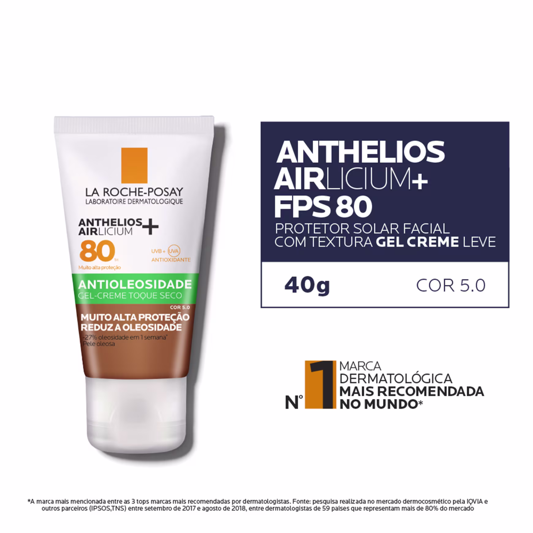 A imagem mostra o protetor solar com informações sobre a cor e linha do produto.