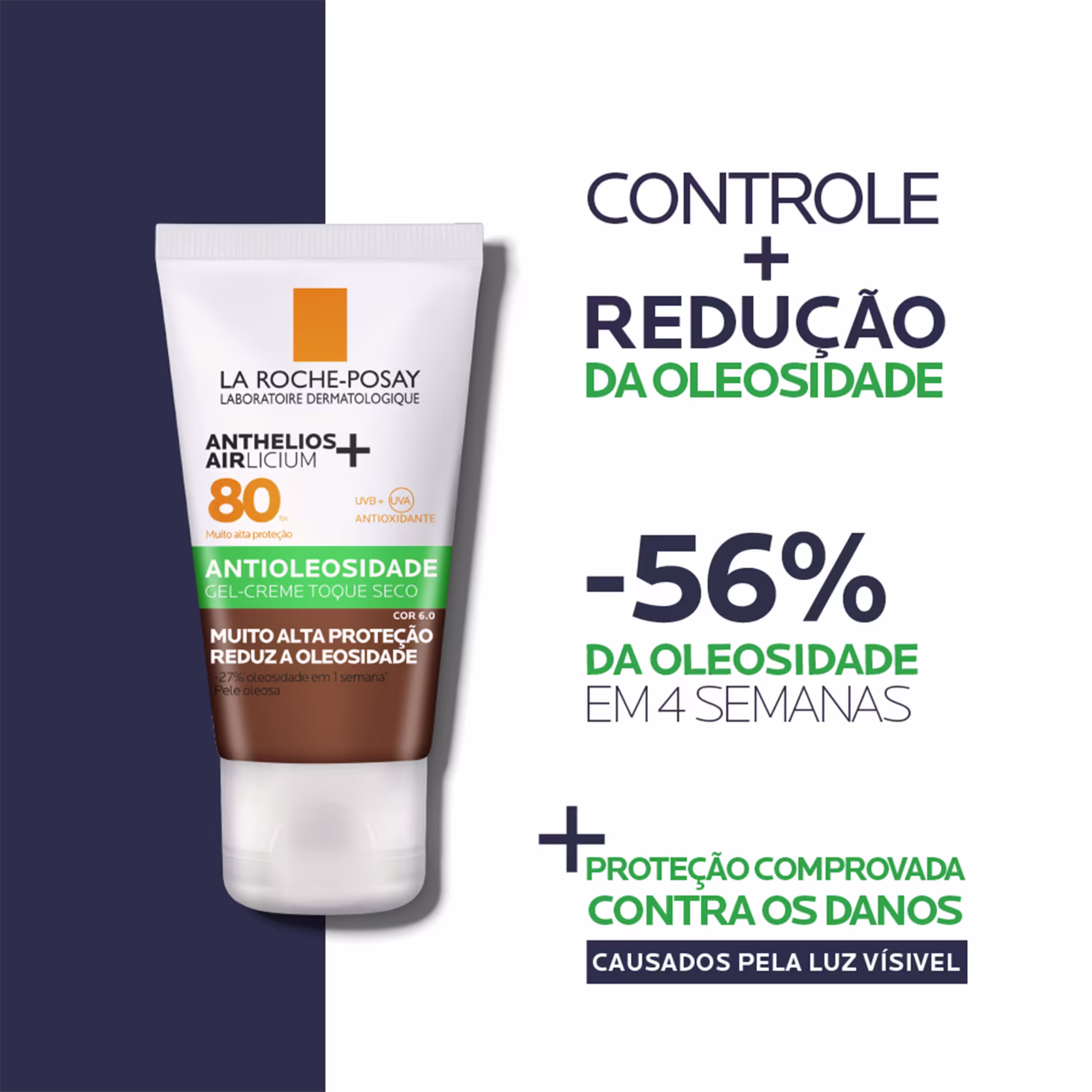 A imagem mostra o protetor solar e informações sobre a ação dele na pele.