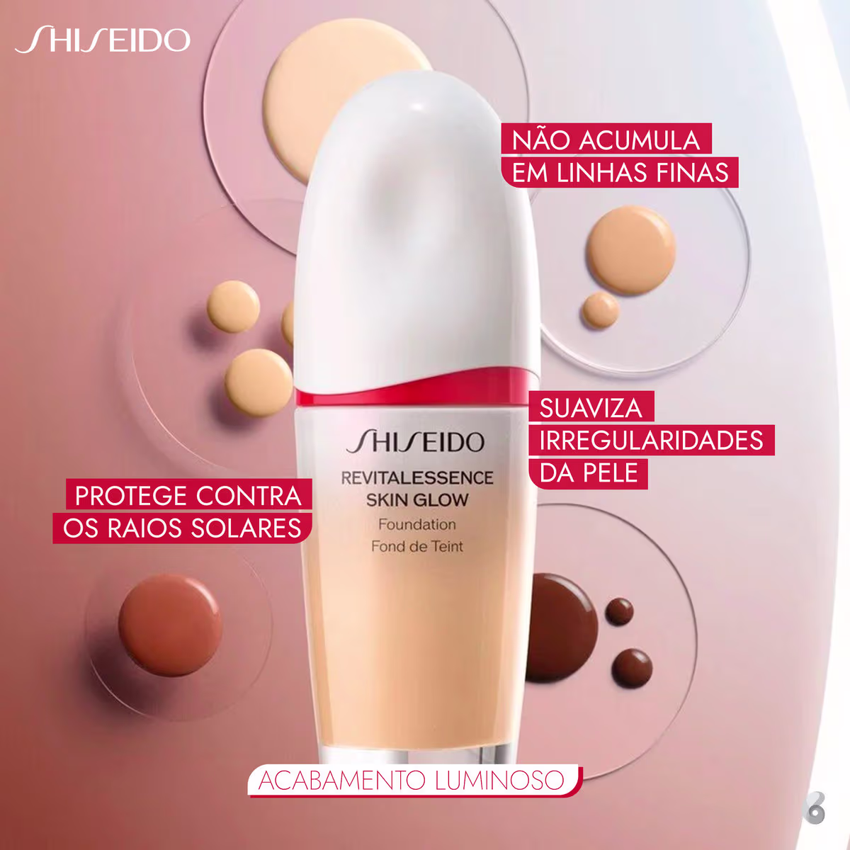 A imagem apresenta a base da marca Shiseido chamada "Revitalessence Skin Glow Foundation". A imagem destaca algumas das características do produto:

"Não acumula em linhas finas" 
"Suaviza irregularidades da pele" 
"Acabamento luminoso"
