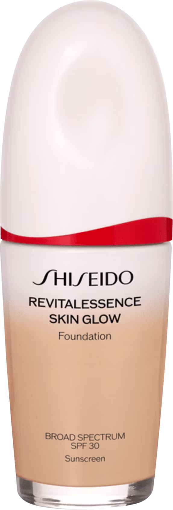 A imagem mostra um frasco de base líquida da marca Shiseido. O produto se chama "RevitaLessence Skin Glow Foundation". Trata-se de uma base com proteção solar SPF 30 e propriedades que prometem dar um brilho saudável à pele (skin glow).