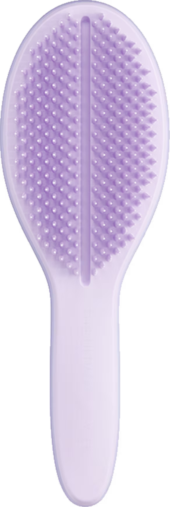 A imagem mostra a escova de cabelo oval da marca Tangle Teezer, lilás, com cabo longo. Apresenta uma divisão central vertical em seu formato oval, com design ergonômico e cerdas macias para desembaraçar os fios com suavidade.