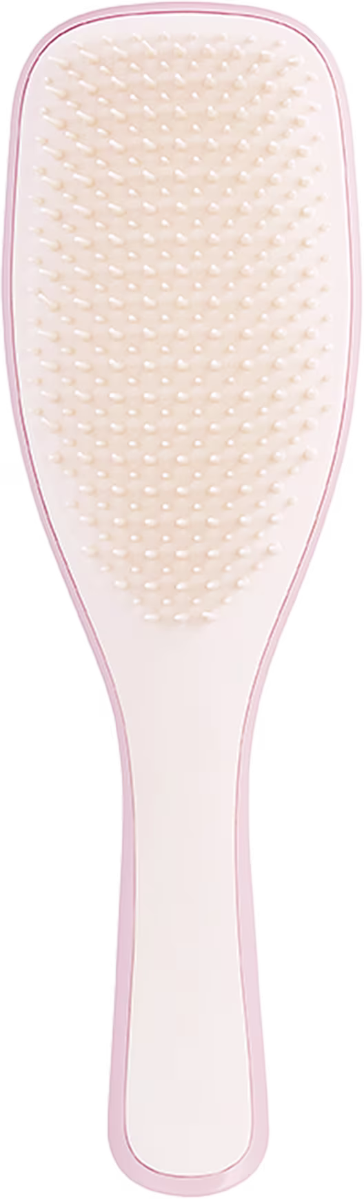 Escova de cabelo Tangle Teezer em formato alongado. Cabo plástico rosa claro. Superfície de escovação oval, texturizada com pequenos nódulos plásticos arredondados na cor bege claro. Design ergonômico para facilitar o penteado e desembaraçar os cabelos.