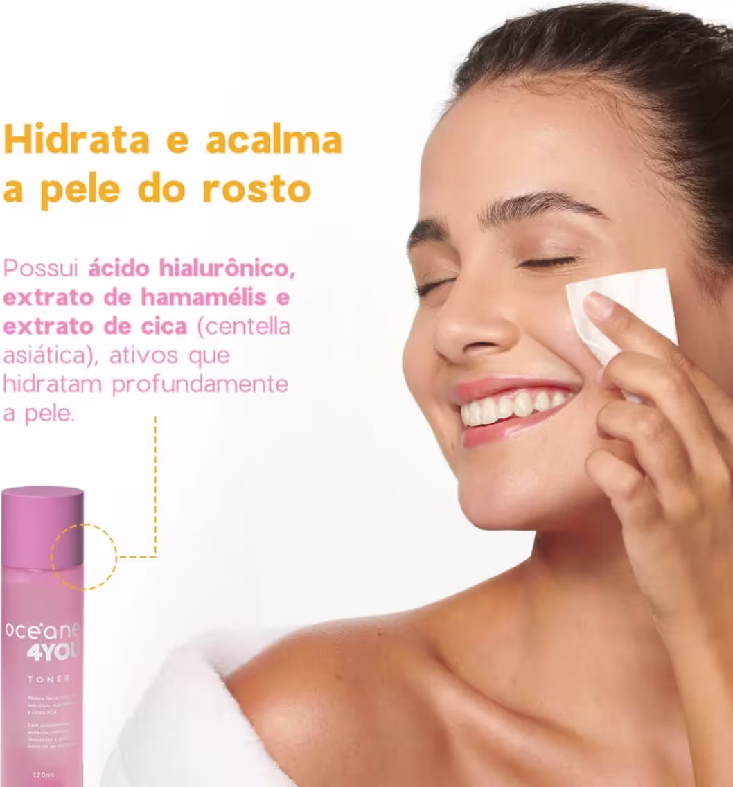 O produto apresentado é um tônico facial da marca Océane 4You. A embalagem é um frasco cilíndrico de plástico na cor roxa. O rótulo indica que o tônico contém  ativos que hidratam profundamente a pele.