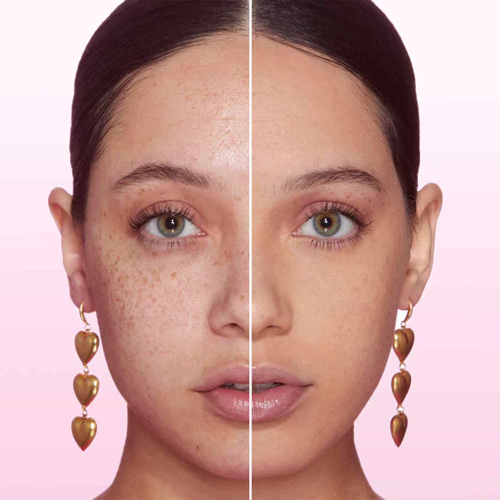 A imagem mostra o rosto de uma mulher, com uma linha dividindo o meio do rosto. Do lado esquerdo está sem base e do lado direito, ela está com base no rosto.