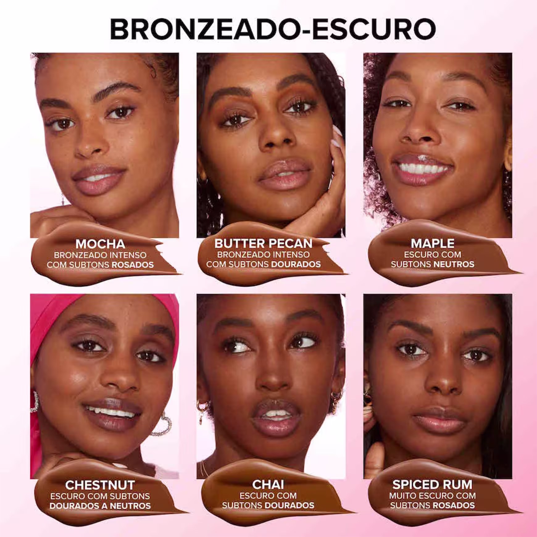 A imagem é dividida em 6 retângulos, cada um com o rosto de uma mulher, mostrando o rosto usando a base e indicando que o produto, com suas diversas cores, atende várias tonalidades de pele.