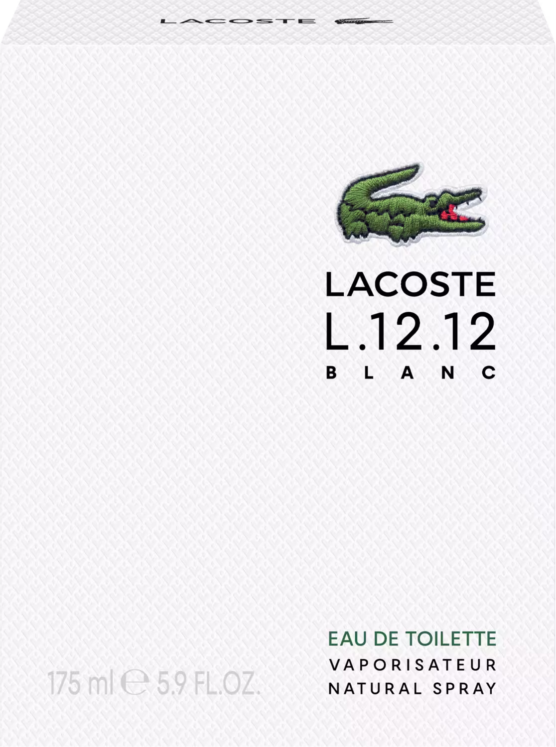 A imagem mostra a caixa branca do perfume Lacoste L.12.12 Blanc, toda branca, de frente, com o desenho do crocodilo, símbolo da marca, e descrito o nome da marca e do perfume, além de concentração e volumetria.