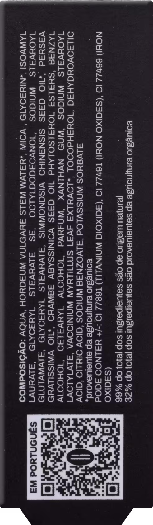 A imagem mostra a parte de trás da caixa da sombra líquida, em formato retangular, toda preta, com informações do produto escrito em letras brancas e um QRCode com letras pretas.