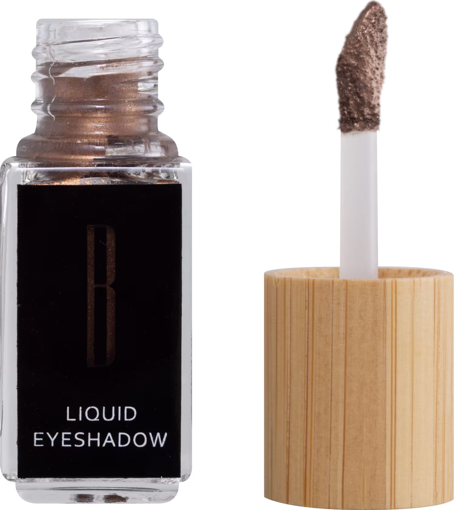 A imagem mostra um frasco aberto, retangular, transparente ao lado do aplicador de rosquear e com a ponta com a cor da sombra líquida, bronze. O rótulo do frasco é preto com logo da marca em dourado e "Liquid Eyeshadow" em branco no rodapé.