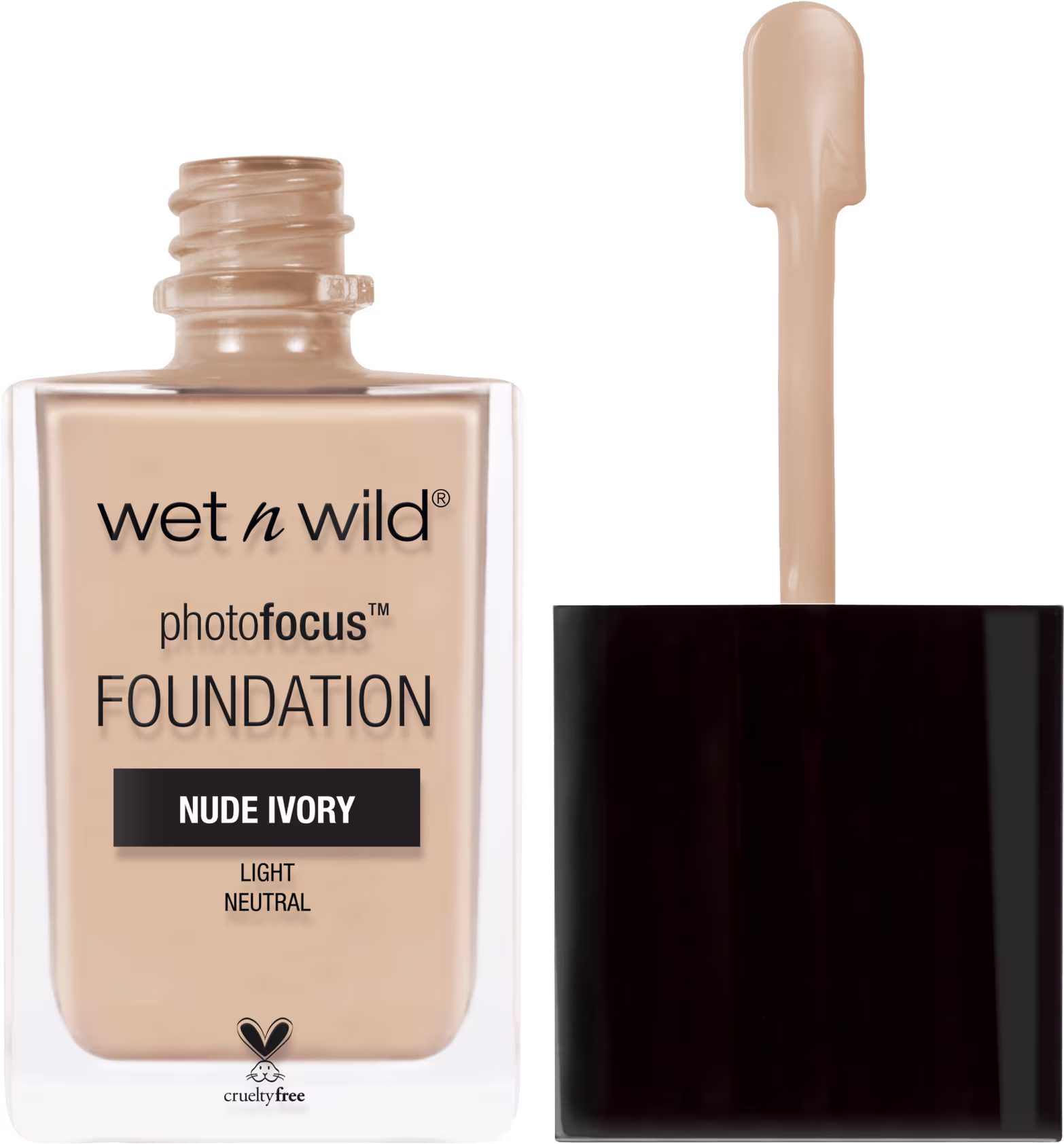 A imagem mostra dois produtos de maquiagem da marca Wet n Wild. O primeiro é uma base líquida chamada "Photofocus Foundation". O outro é a sua tampa, que possui uma pequena espátula para facilitar a aplicação do conteúdo.
