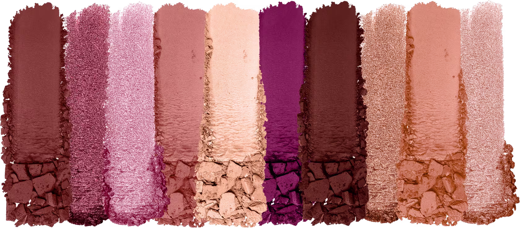 A imagem mostra uma paleta de cores de sombras para olhos da marca Wet n Wild. São apresentadas dez cores diferentes em tons terrosos, marrons, rosados e uma cor vinho escura.