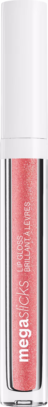 Gloss labial brilhante em embalagem cilíndrica transparente com tampa branca. O produto dentro é um gloss labial rosa perolado com brilho. O rótulo na embalagem exibe o texto "mega slicks lip gloss brilliant" em letras brancas..
