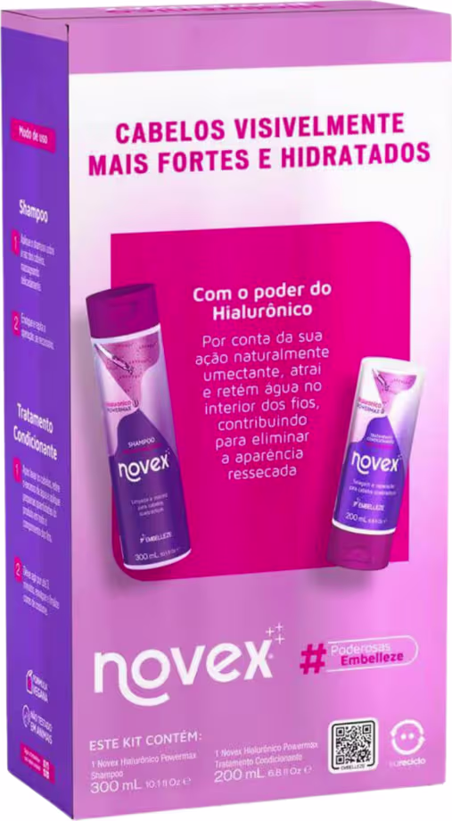 A imagem mostra a parte de trás da caixa com o kit Embelleze Novex Hialurônico PowerMax . A embalagem é predominantemente na cor roxa e rosa, com destaque para os benefícios de deixar os cabelos mais fortes, hidratados e com aparência saudável.