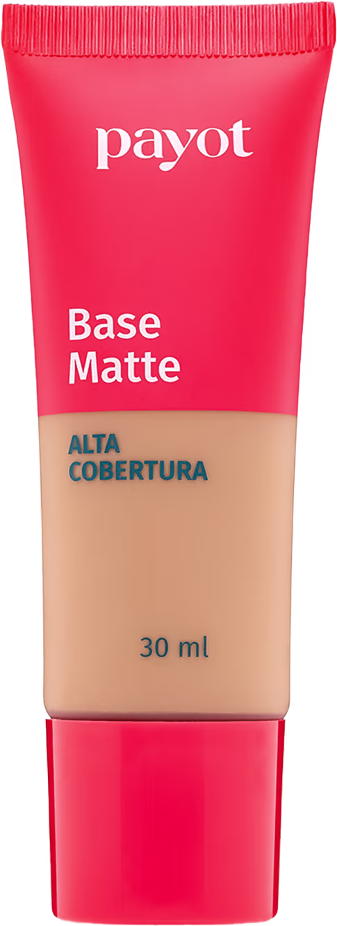 A imagem mostra um um tubo plástico de base da marca Payot. Na metade do tubo ele é transparente para apresentar a cor do produto e o outro restante é vermelho, assim como a tampa. Na embalagem consta marca, acabamento, cobertura e volumetria.