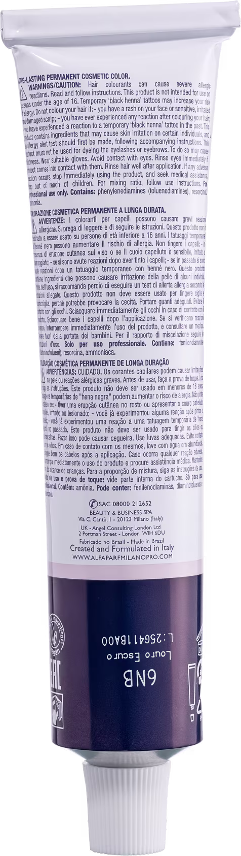 O tubo apresenta um rótulo com texto em várias línguas, contendo instruções de uso, advertências e informações do fabricante