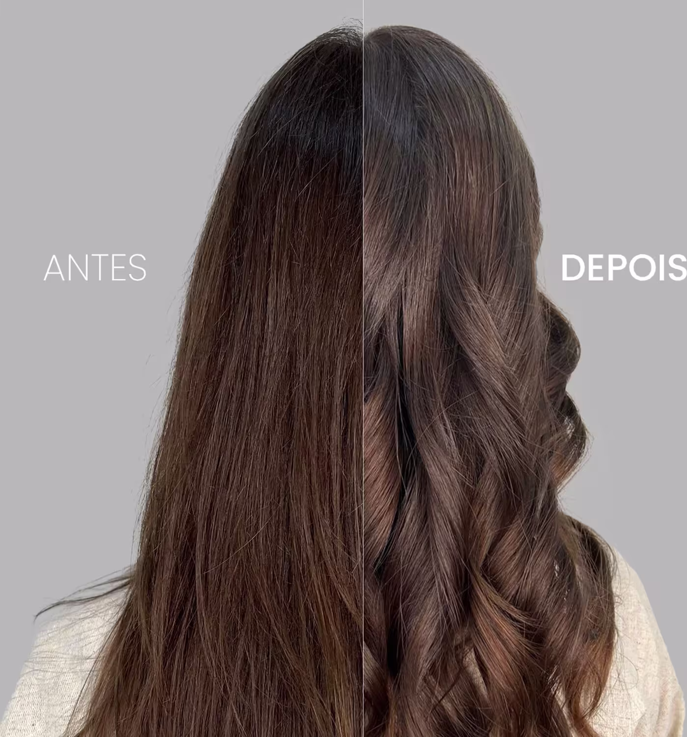 A imagem traz uma comparação antes e depois do uso do Óleo Capilar Cadiveu  Final Style Supreme Oil. Na esquerda, o "Antes" mostra cabelos opacos e sem brilho. Já na direita, o "Depois",  com fios mais brilhantes, sedosos e perfeitamente ondulados.