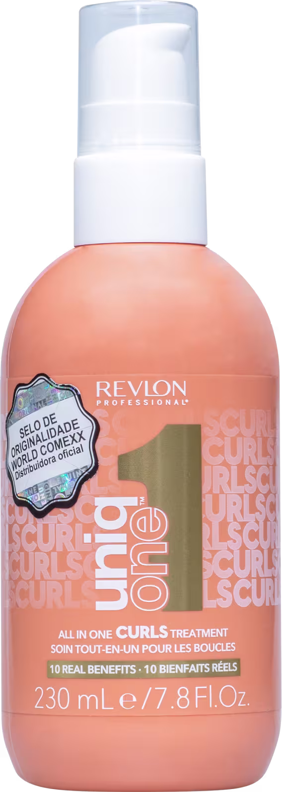 A imagem mostra o Leave-in Curls da linha Uniq One da Revlon Professional. Possui uma embalagem plástica arredondada na cor salmão com tampa branca e detalhes em dourado. Seu rótulo tem informações adicionais como volume e benefícios.