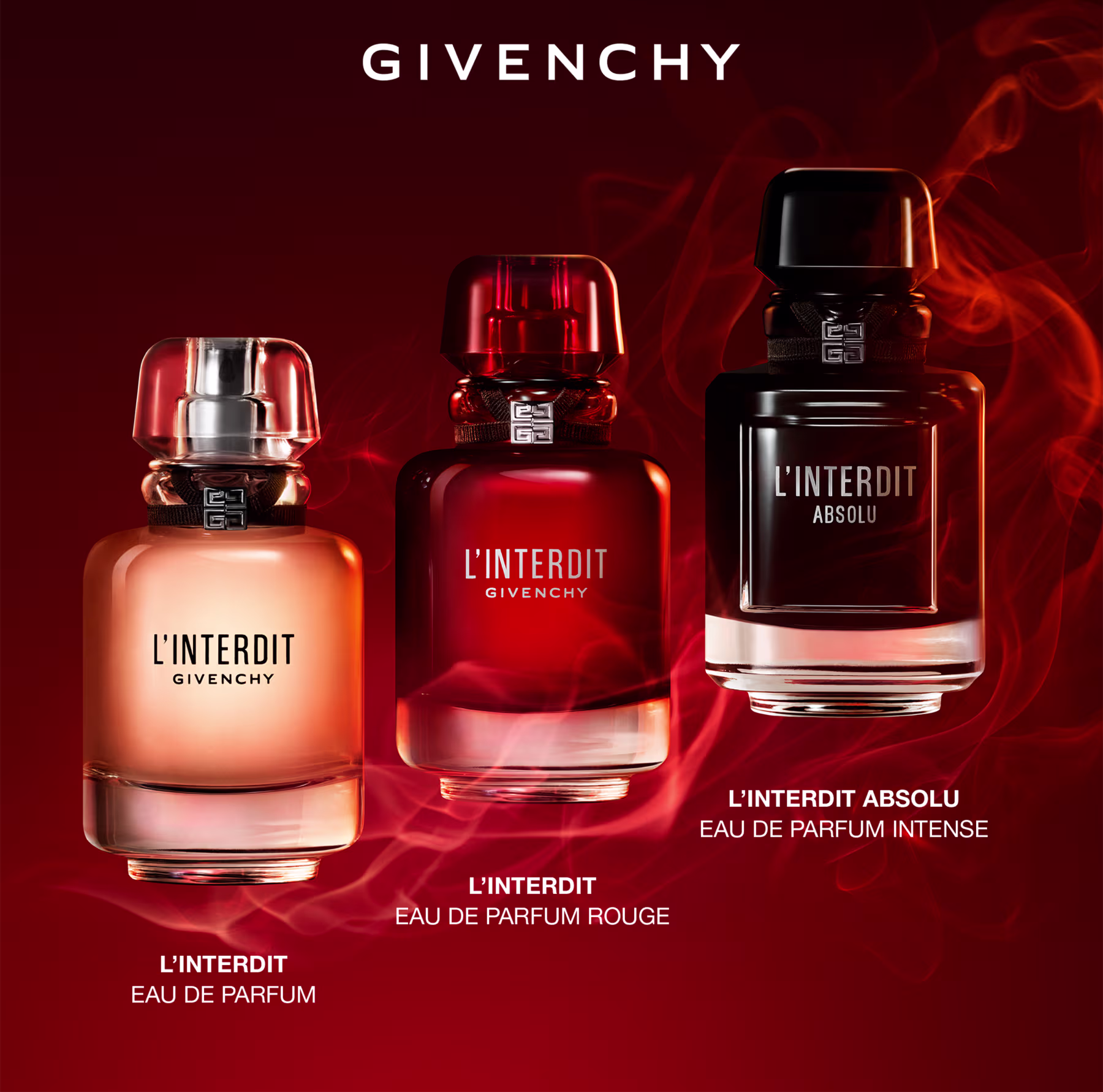 A imagem apresenta um fundo vermelho e os três perfumes da linha L'Interdit de Givenchy. O original eau de parfum, com um frasco rosado. No meio o eau de parfum rouge com o frasco vermelho e o lançamento  L'Interdit Absolu com frasco preto.